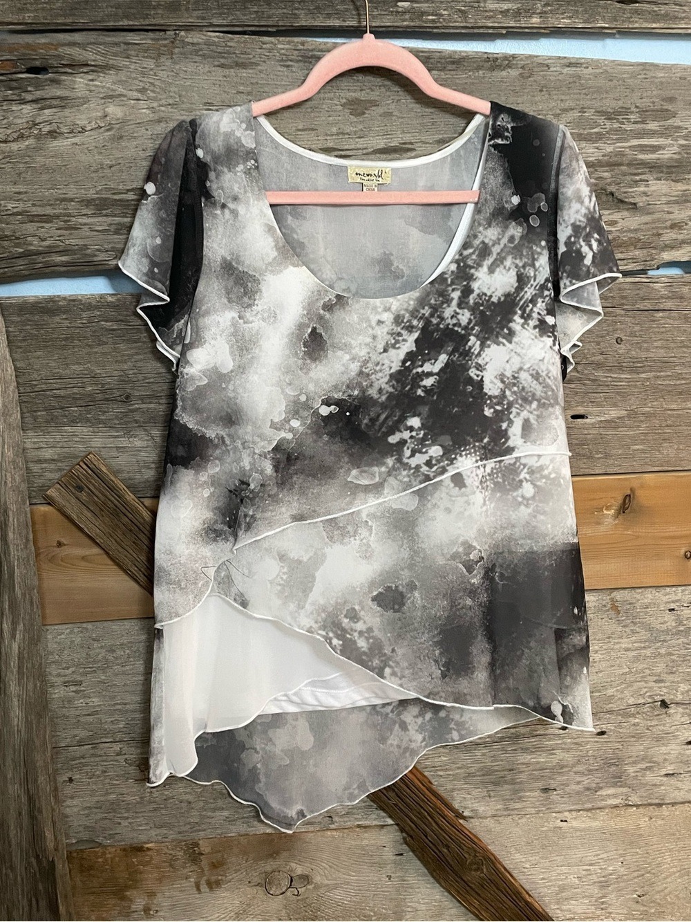 Layered Chiffon Print Women's Top - Grey & White Size Large